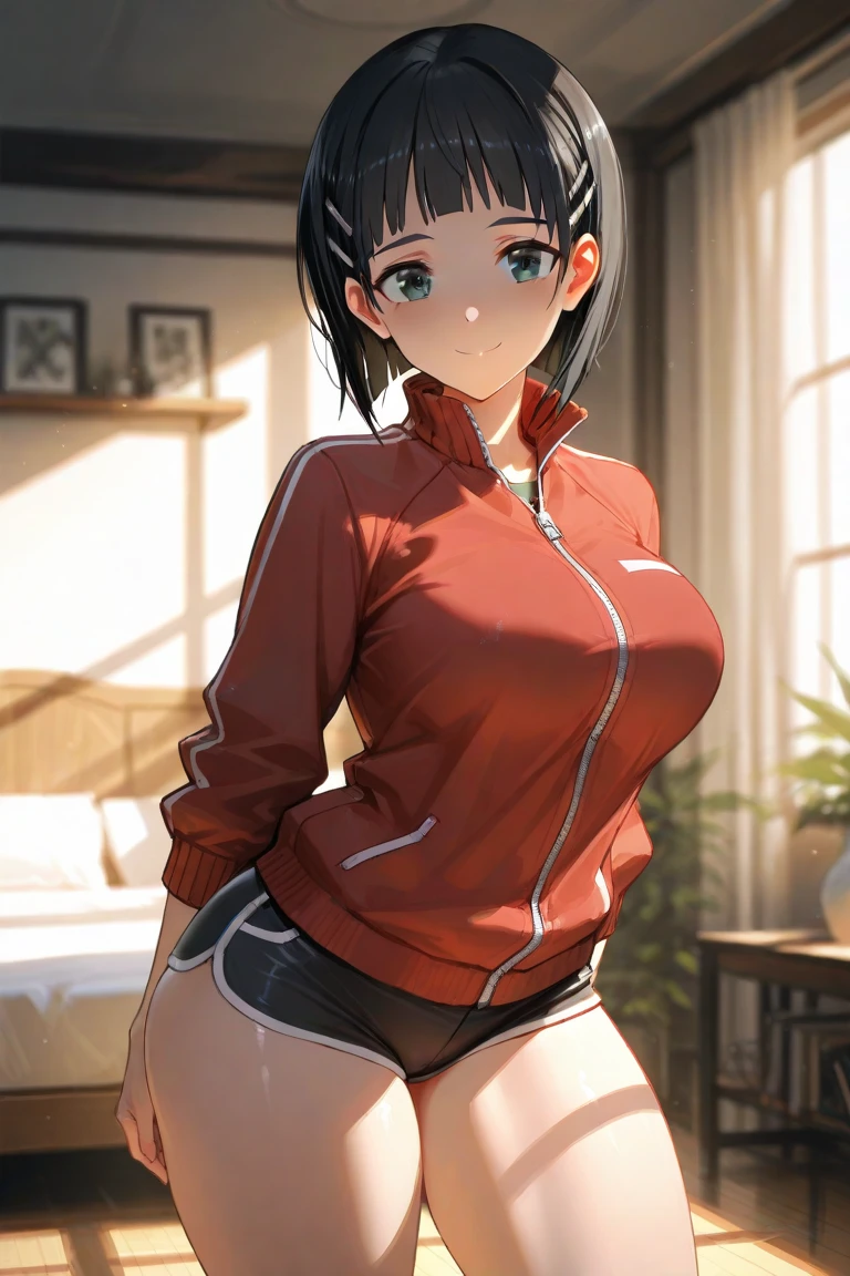 top-quality、supreme1People Girls,hightquality,A detailed face、A detailed eye、Detailed nose、Detailed mouth、 Beautiful expression, ((masuter piece)), ((High resolution)), ((Best Quality)), detail, (NSFW:1.4 ,With a disgusting face,Glaring at this), ((Skin shiny with sweat)), (School Athletic Clothes:1.2、Loose socks)、 girl with,red hairs, (short-hair)、Sit at a desk and open your legs:1.3、fair white skin:1.3、、large full breasts, cinmatic lighting, perfectly shaded,(((dark storeroom))), Realistic lighting with shades,Reflecting the whole body