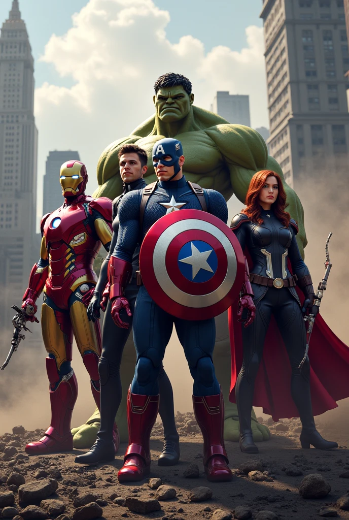 The Avengers are a group of superheroes, each with a distinct appearance. Iron Man wears a shiny red and gold armor, with a glowing Arc Reactor in the center of his chest and blue illuminated eyes on his helmet. Captain America sports a blue suit with red and white accents, carrying an indestructible circular shield marked with stripes and a white star. Thor, with his long blond hair and neatly trimmed beard, is dressed in silver armor with a red cape, holding Mjolnir, his legendary hammer engraved with runes. Hulk, towering and muscular, has rough green skin and wears torn purple pants, showcasing his raw strength. Their appearances reflect their power and unique characteristics, forming a team ready to protect the world.