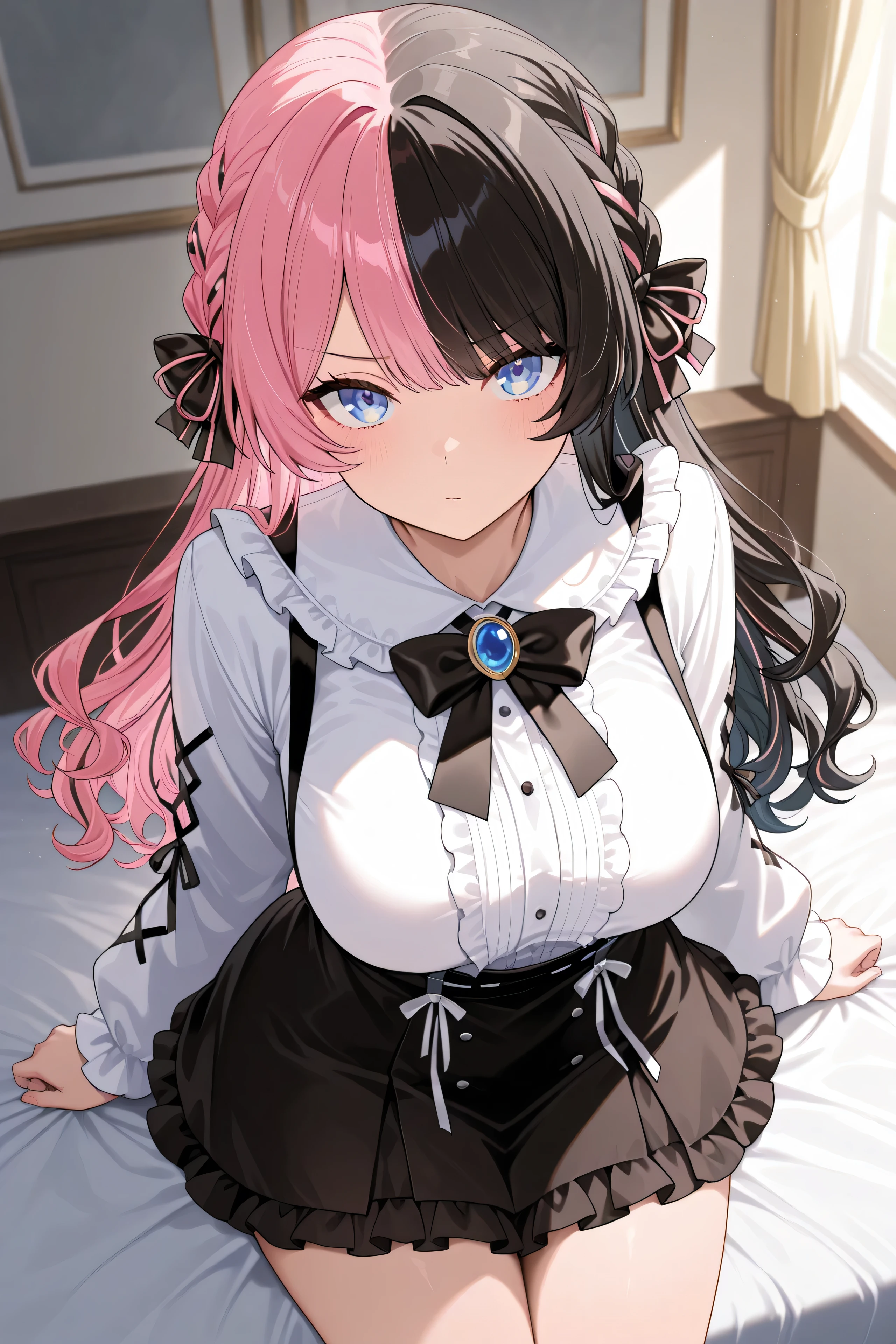 solo,best quality, masterpiece, Super detailed,High resolution,Extremely detailed CG, ,Hinan0Def, blue eyes, multicolored hair, pink hair, black hair, long hair, french braid, hair bow, black bowtie, brooch, frilled shirt, white shirt, long sleeves, black skirt, suspender skirt、medium breasts,look at viewer