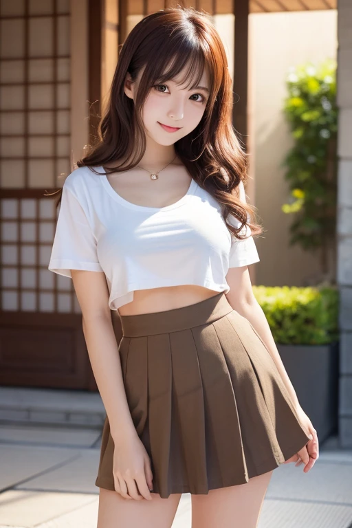 masterpiece,highest quality,ultra high resolution),japanese woman, Very beautiful girl, naive girl、perfect limbs、perfect anatomy、Shining beautiful skin、Moist eyes、Brown glittery hair、Colors and landscapes of youth、premonition of love、Lifting up the hem of her skirt with both hands to reveal her panties.