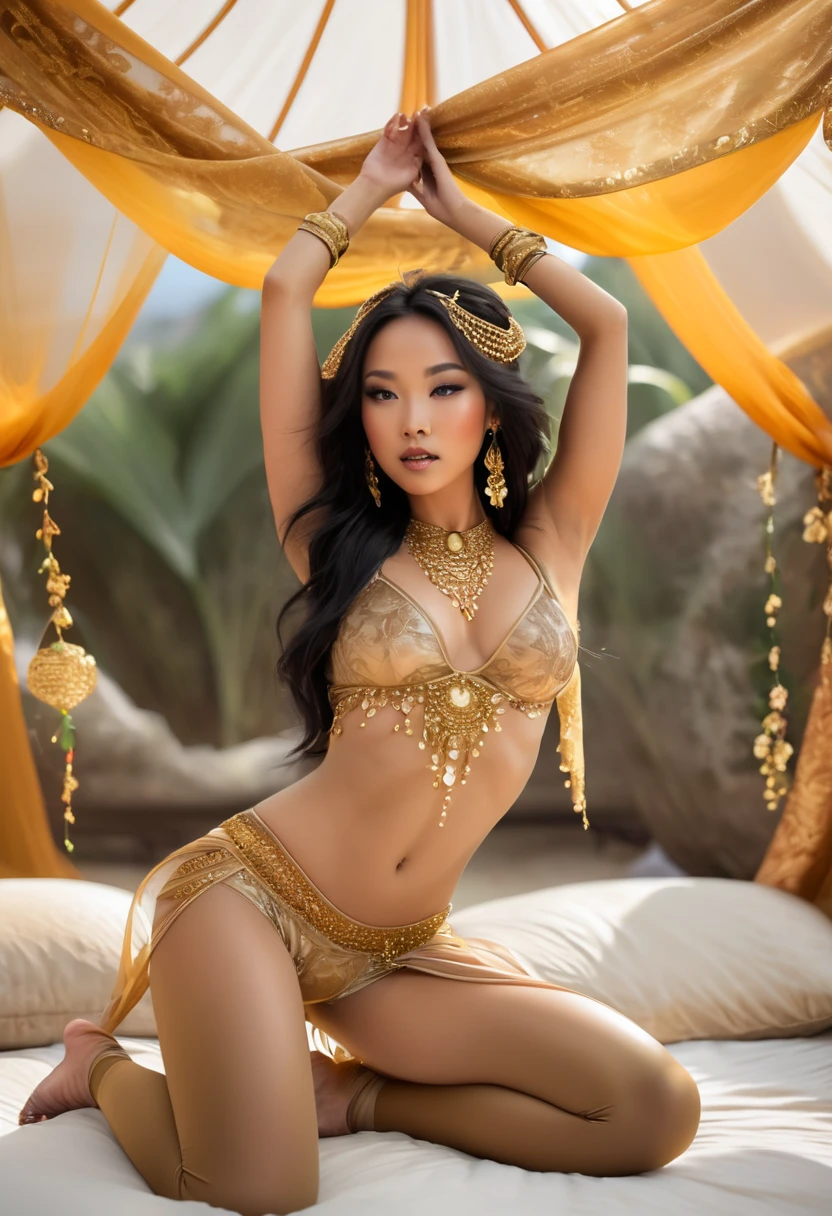 Dslr photo, (extraarms:1.2), (8k, 4k, masterpiece),beautiful pretty filipina asian woman, mysterious, mystical, mystic, enchantress, fortune teller, new age, incense, hippie, bohemian, indoors, tent, night, dark green and silver bikini, dark wavy hair, bracelets, arm bands, necklace,sultry, blurry background, (upper hands on head), (lower hands on floor), (lower hands holding candle or crystal ball), (touching floor), arms fully extended, full subject in frame, full body view, thighs, sitting crouching on floor, facing viewer, (extraarms:1.2), four arms