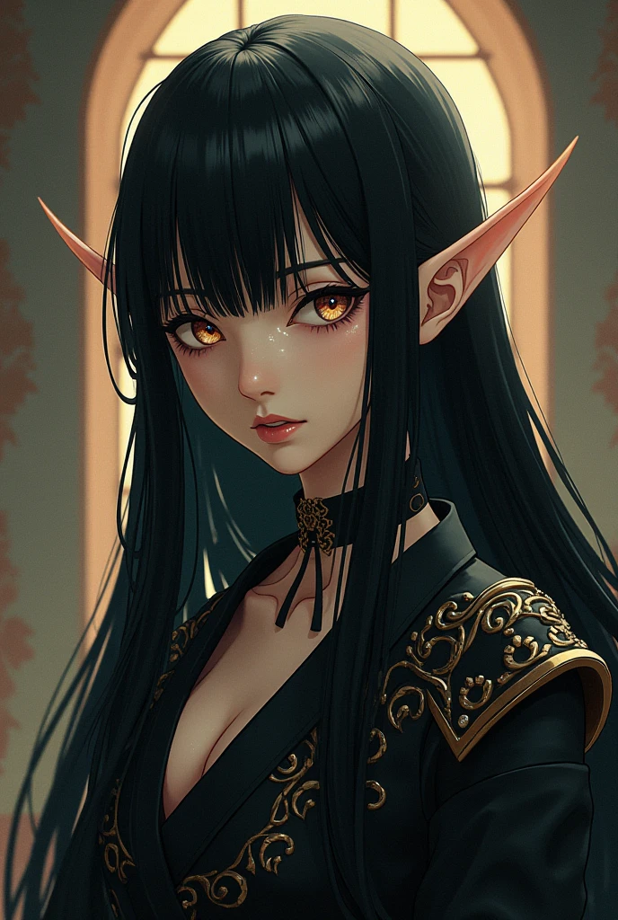1girl, solo, elf, long black hair, long black dress with gold embellishments, cross necklace, earpiercings, devil horns, smirk, royal palace, red curtains, highres,official art,detailed nose,detailed mouth,vivid color,5 fingers,finely detailed,hyper detailed,detailed hand,8k,finely detailed beautiful eyes,high resolution illustration,Masterpiece,best quality,intricate_detail