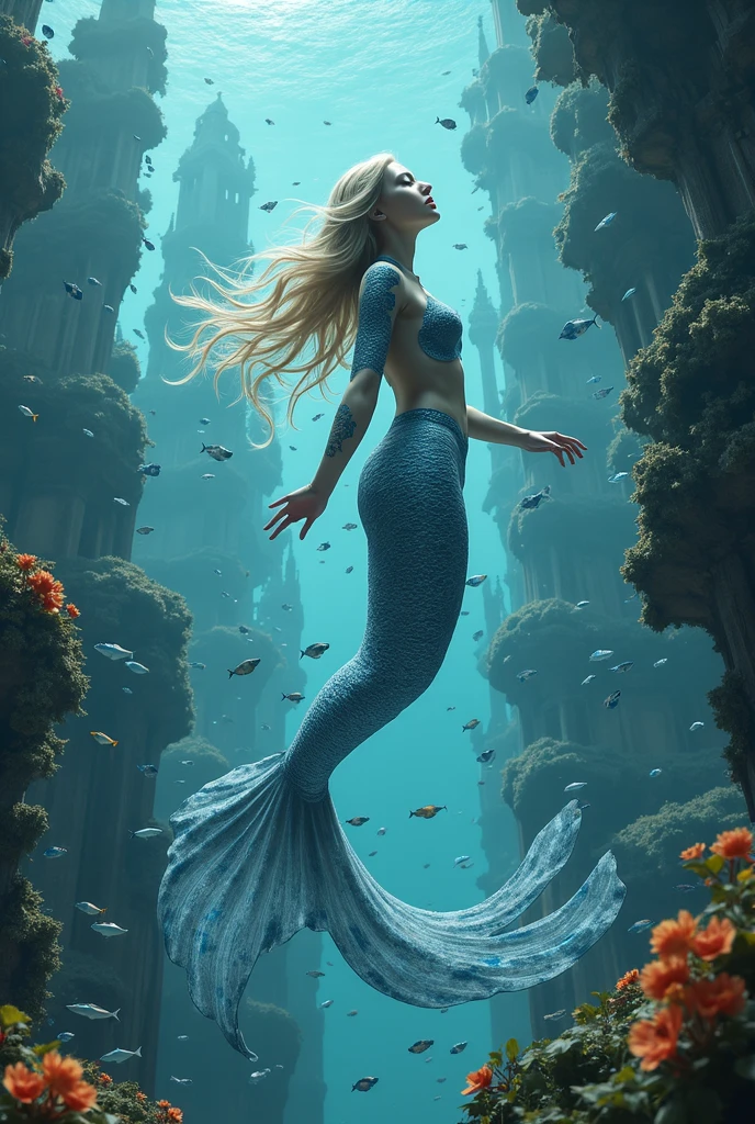 Underwater, mermaid, long hair, hair green, へそ, mitts, mermaid, scales, elbow mitts Cara hermosa, 苗条, round chest, quality leather texture, 1 girl, (undersea:1.3),complete body, beautiful hands, Dynamic Posture, swimming near the ruins of a submerged temple, towers and columns , (undersea:1.3),, mar tropical, corals and fish, sun rays coming from above, ruins of a submerged temple in the background of the photo, Realistic photo effects., 真实感, highest quallity, arte arhad, HDR, ultra HD, 8k,