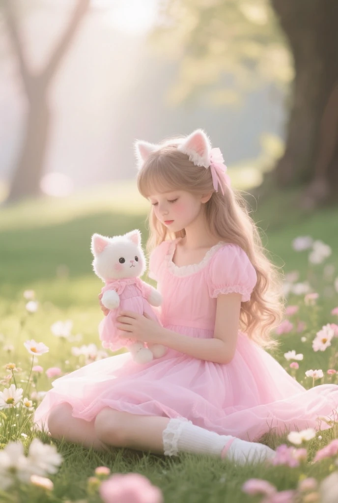 A 6-year-old beautiful girl painted in an oil painting style reminiscent of an impressionist painting.。She is fair-skinned and、With long blonde hair、She is wearing a gorgeous Rococo dress.。

The 6-year-old girl  has a 6-month-old small White cat on her lap, and the White cat is cute, fluffy, and sweet to her.

The backdrop is a magnificent, gorgeous, cinematic palace。Gentle light Garden.She is looking at me and smiling。
