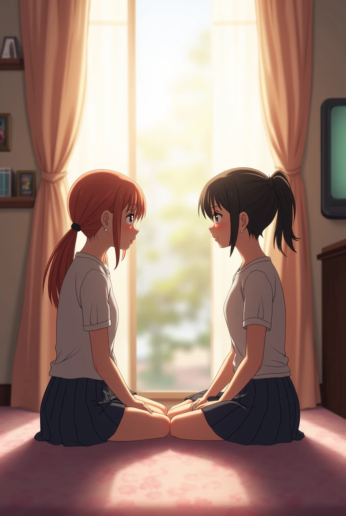 Absurd resolution, high resolution, (masterpiece: 1.4), super detailed, (((detailed face, detailed expression)), two girls, girl and girl, friends, best friends, classmates, relaxing, ponytail, bob, sitting on bed, sitting on the floor, two people conversing, background in room, wearing underboob and pleated skirt, friends, best friend, home, 1K, small room, curtains, bed, TV, desk, room wear, kyoto animation, The atmosphere of Kyoto Animation, (tearful)