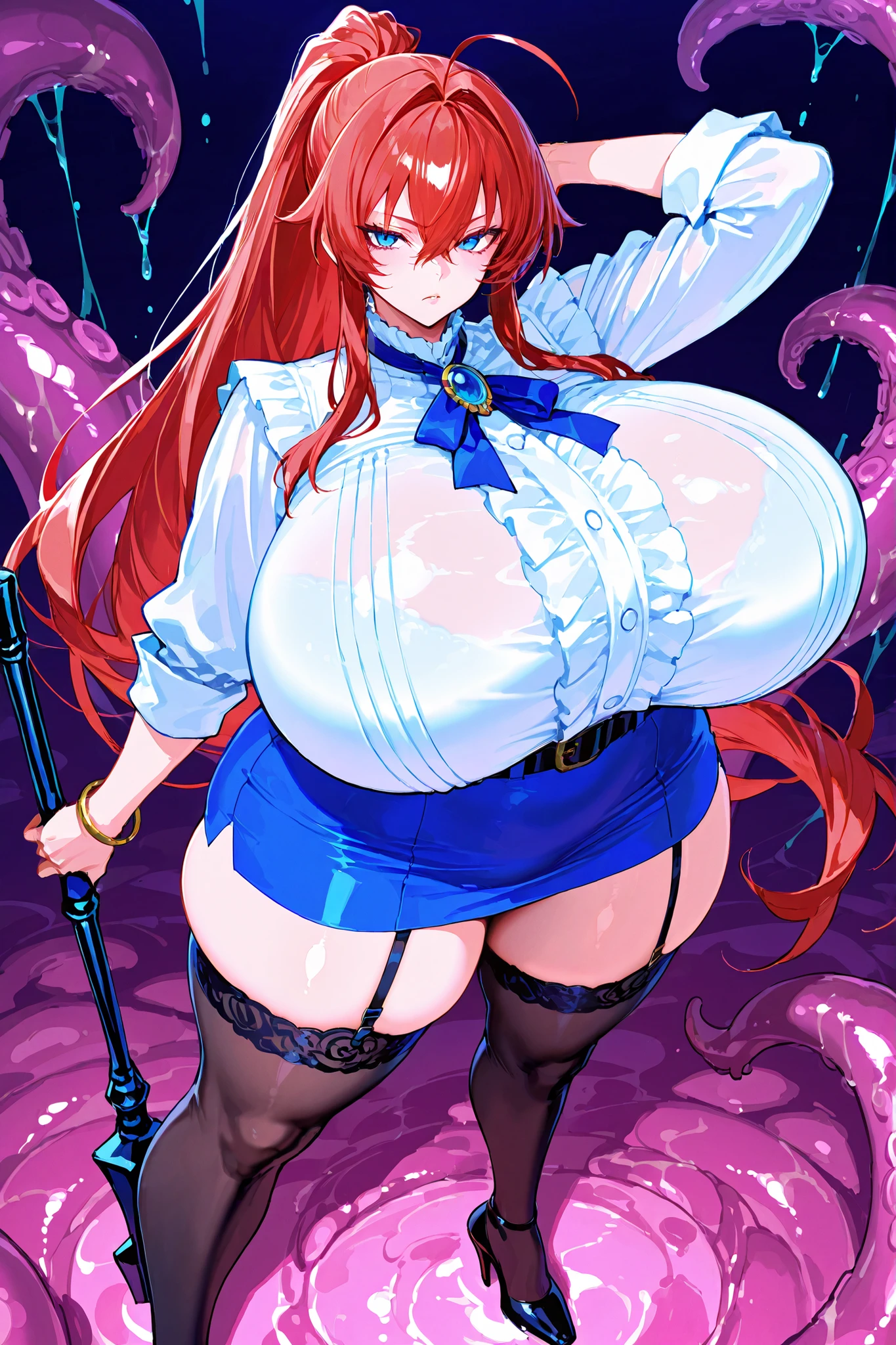 Surtr(Arknights),red hair,curvy body, wears clothes(Muslim),wears hijab,big breast,nipples, lactating,nsfw,praying in bedroom(Islam),sitting on a prayer mat,very wet body,crying,teary eyes,reading Qur'an(Islamic book), cheating wife, fucked by tentacles,pussy penetration, grabbed by tentacles, tentacles sucking nipples, breeding.