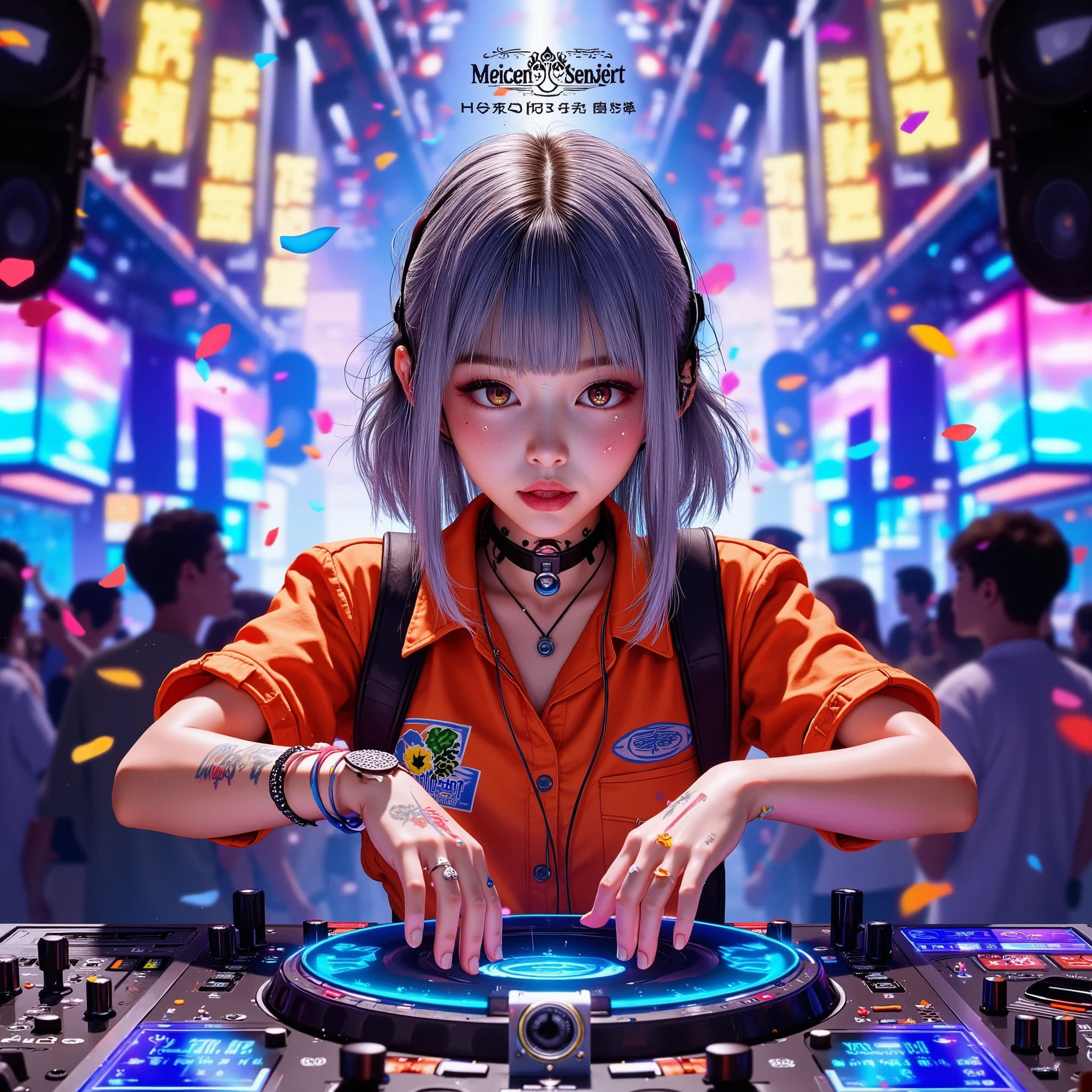 (((Massive colorful sound waves float in the air))), (((Massive numbers of musical notes appear here and there))), ((musical notes:1.9)), musical notes pattern, musical notes pattern approaching, background of colorful musical notes, even more sparkling musical notes.close up shot : 1.4, Front-angle viewpoint, 1 girl, japanese, ((soft silver low ponytail hair)), 8k, Masterpiece, Top Quality, brightly colored shirt, ((DJ mixer, hands, controls)), detailed person, high resolution, 32K, realistic depiction, (masterpiece, highres, high resolution:1.2), choker, (earrings:0.1), necklace, japanese, ((blushing)), solo, smile, big lips, Please open your mouth a little, perfect body, ((five fingers)), (Anatomically correct), (big ), curve, Stylistically diverse, Her body posture is dynamic, as she interacts with the DJ equipment, Her hands are on the turntables, expertly mixing music, The background is a blurred, vibrant nightclub scene filled with colorful, bright spotlights, Energetic crowd, Club setting, digital illustration, the enthusiastic crowd, neon lights and crazy fans,Shouting vocals, flashy production, fireworks, smoke, flower petals flying: 1.8, confetti flying: 1.7, colored paper streamers flying: 1.7, the climax of a music festival.