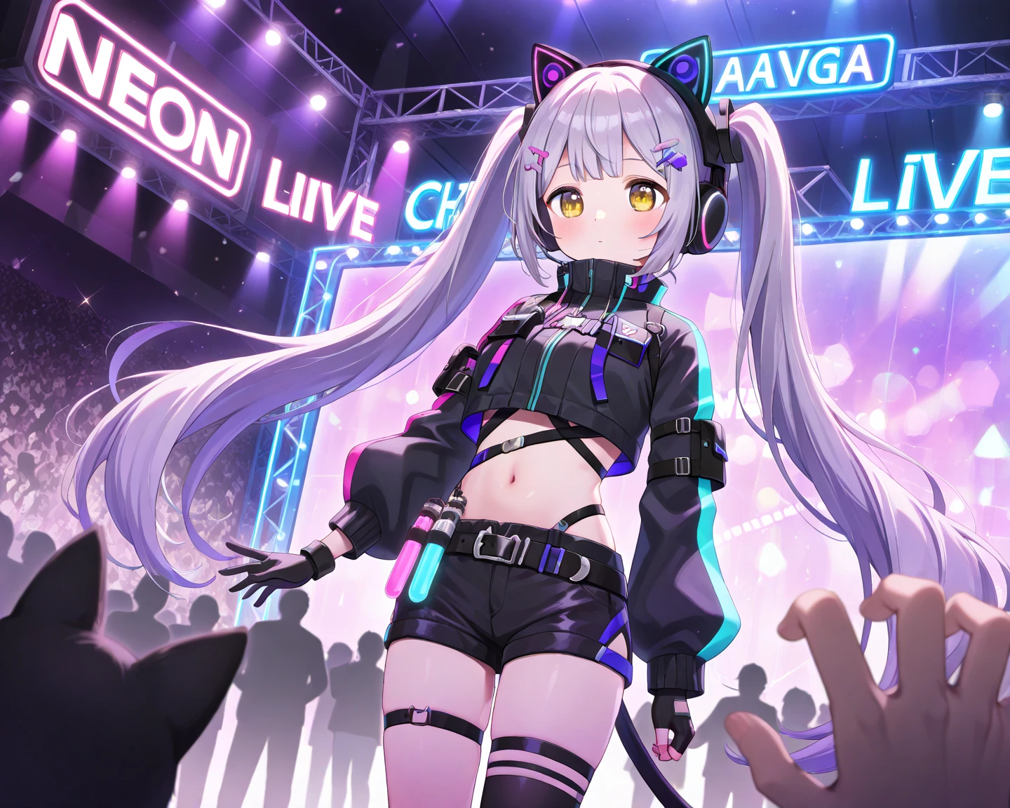 (best quality,amazing quality,very aesthetic,absurdres,newest,4k,8k), ShinomiyaCyberpunk, twintails, cat ear headphones, black cropped jacket, asymmetrical gloves, single thighhigh, grab mike, neon live stage, purple neon light, large crowd, purple pen light