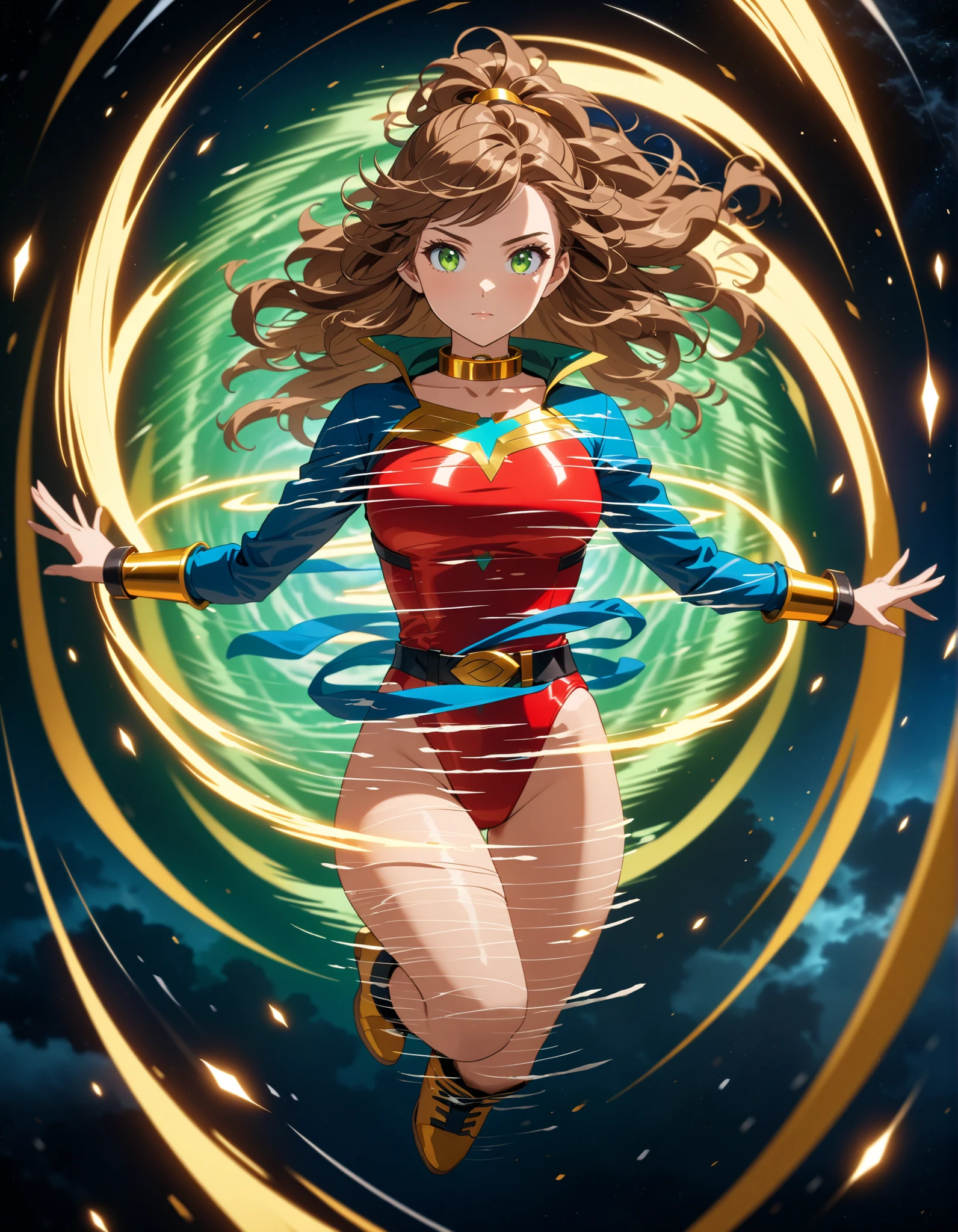 (masterpiece), (best quality), (high res), 1lady, tall body, beautiful detailed eyes, beautiful detailed face, serious, perfect hands, complete fingers, perfect anatomy, perfect proportions, ((brown hair, medium hair)), ((green eyes)), ((leotard, red leotard, matching leotard)), ((white dress collar, open collar)), ((bare legs)), ((boots, matching boots, ankle-high boots, red boots)), breasts, medium breasts, (full body portrait), looking at viewer, (solo, solo focus), cowboy shot, space backdrop, ((yellow V (symbol) on chest)), ((red leather jacket, open jacket)), full body costume design. ((raised arms, (spins fast) in place like a (tornado), raised arms, (legs closed, standing position), (she spins) at an incredible speed, creating a whirlwind of air around her, cyclone spinning)), ((spiral lines, spinning energy pulse around her)). Curved Sword Slash.