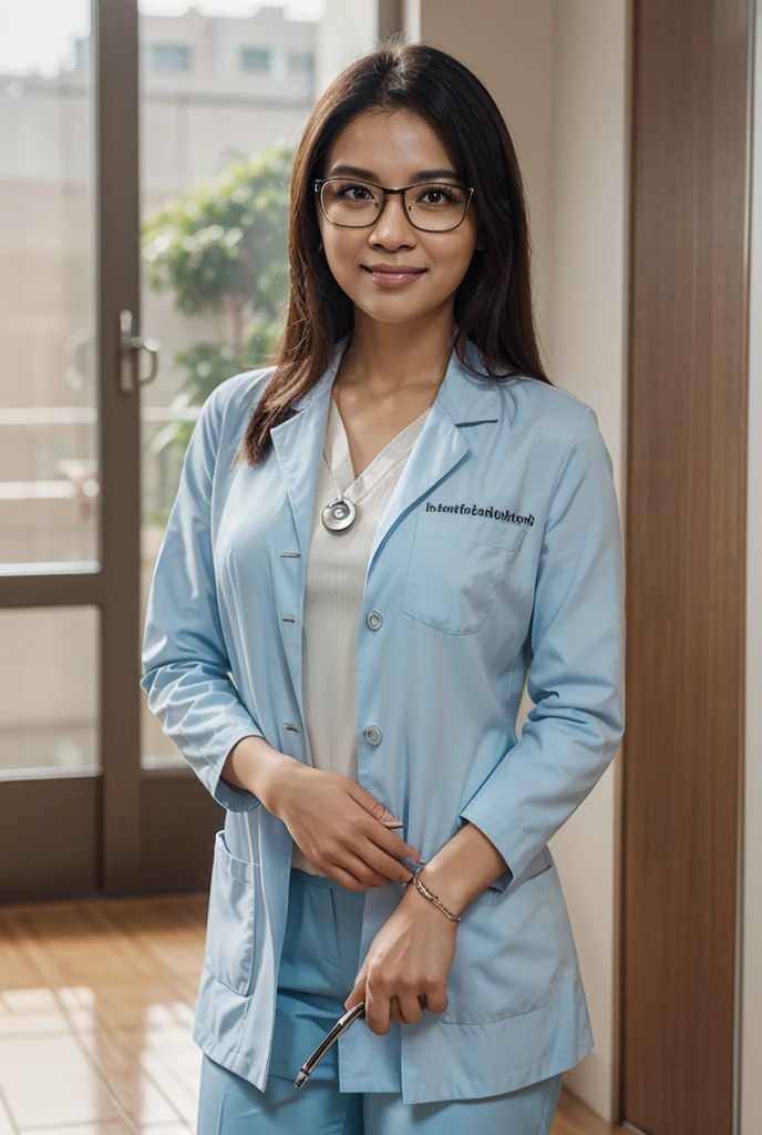 Portrait of 40 year old Vietnamese woman , The doctor wears a white coat ,nhìn thẳng vào camera , chairman's desk , In the luxurious living room, the background is a bookcase