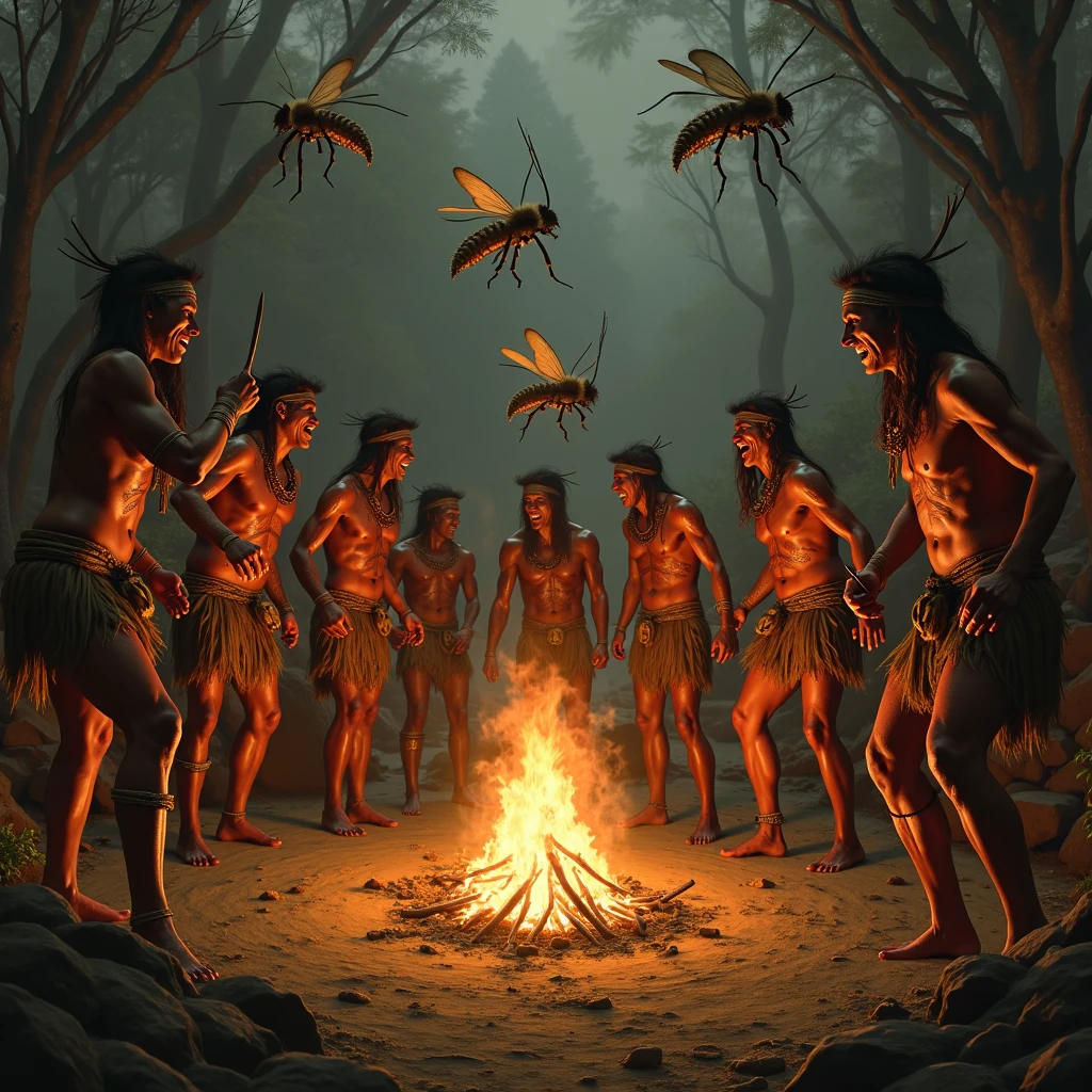 Create a highly realistic and terrifying image of a deformed, cannibalistic family feasting on human flesh in the middle of a dark, dense forest. The family members should have grotesque, disfigured faces, with twisted features and gnarled limbs. The scene should be inspired by the horror movie Wrong Turn, capturing a chilling, nightmarish atmosphere. The forest is thick with towering, ancient trees, their branches clawing at the dark sky, with dim, eerie light filtering through. The ground is littered with bones and remnants of previous victims, adding to the overall sense of horror and dread."