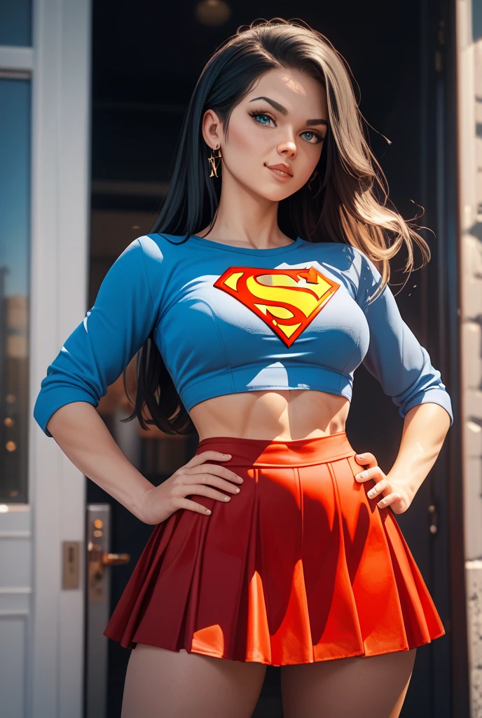 The character Supergirl, perfect blue and red costume with the traditional "S" in the chest, shiny little blue eyes, extremely beautiful blond hair, beautiful smile , perfect anatomy and extremely beautiful face, hyperrealistic face