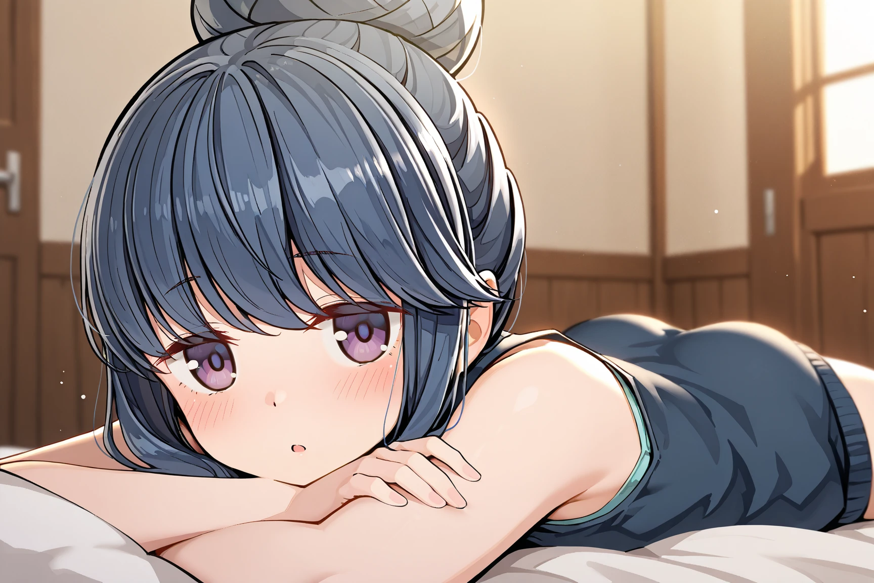 girl with、silber hair、Blue eyes、Lying on the futon、Crawl on your stomach、Eat katsudon、holding chopsticks