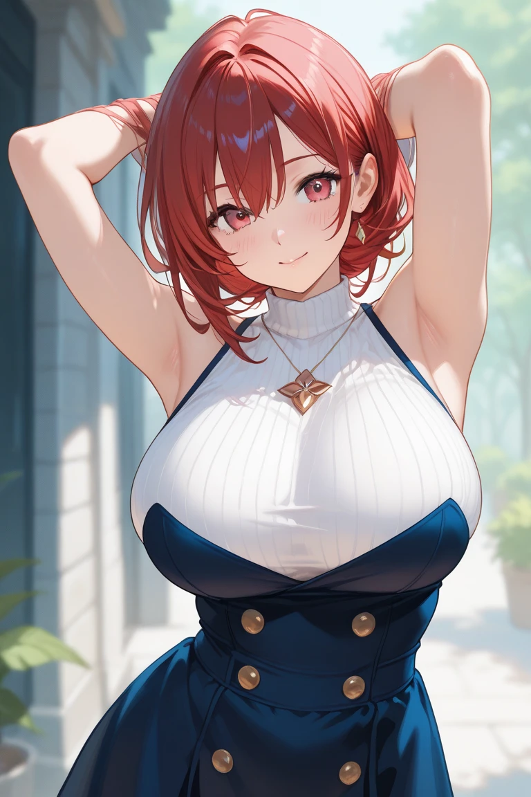 1 girl, big tits, temple ruins, (best quality), (masterpiece), ariadoa, short hair, red hair, red eyes, hair ornament, blue dress, cleavage, large breasts, choker, blue halterneck, blue criss-cross halter, looking at viewer, smiling, lake, mountain, upperbpdy,