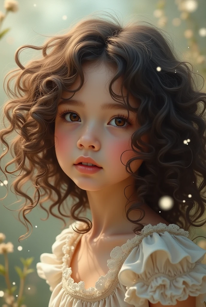 Close-up of a girl with brown curly hair in a white dress wears a necklace with pearls and hearts,