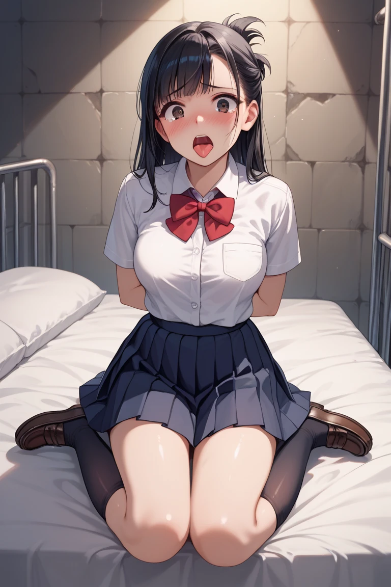 Yukimi, 10., Long Hair, Blunt bangs, Flat Chest, Expressionless, shy, whole body, Highest quality, School classroom、pussy、Angle from below、Kneel、(pussy:1.4)、(Masturbation:1.4)、(male'Head between thighs:1.4)、Striped pattern、Embarrassing、Small nipples