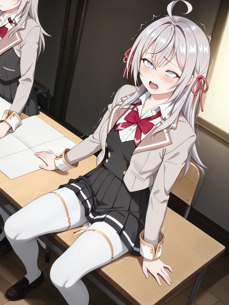 One girl, Alisa Mikhailovna Kujo,Tomorrow, my friend, Arya-san, will be visiting Russia.,alone, Long Hair, Eyebrows visible through hair, Hair between the eyes, Silver Hair, Hair Ribbon, blue eyes, Medium chest, ,White legwear,zettai ryouiki, Long sleeve, Beige jacket,From below, The legs are off the frame, View your viewers, Apply blush all over the face, In the classroom、With his back to the window, sitting cross-legged on a chair、Barefoot left foot、Mouth closed,White lace panties、Highest quality, so beautiful, Absurd