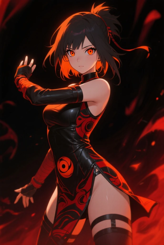 Chica con pelo negro largo , con ropa pegada al cuerpo para tener movilidad, junto con una arma cualquiera, del anime de jujutsu kaisen