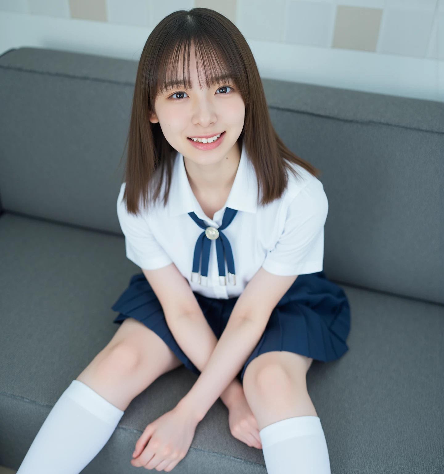 ,Short sleeved white shirt,Grey checked tie,Grey checked mini skirt,Navy blue socks,open mouth,tongue out,cum on tongue,Sitting on a black sofa,looking ahead,from above,flont view,face focus,open mouth,tongue out,(1girl,Beautiful 14 year old girl),((Slender,Small breasts,Small face,)),looking at viewer,Black Hair,bangs,straight,Beautiful and detailed,Mischievous smile,Dimly lit room,Simple Background,Black background,