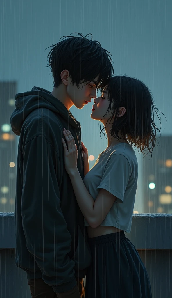 A boy and girl metting in a dark night in the road and in the side of the boy and gurl their was a cycles and it's raining and they were kissing  and  she is wearing taekwondo dress and the boy in the half pant and formal t shirts and  in the jordan shoes and the boy hug her and kiss her and boy hand on her boobs and his hair style is lower tapper fade