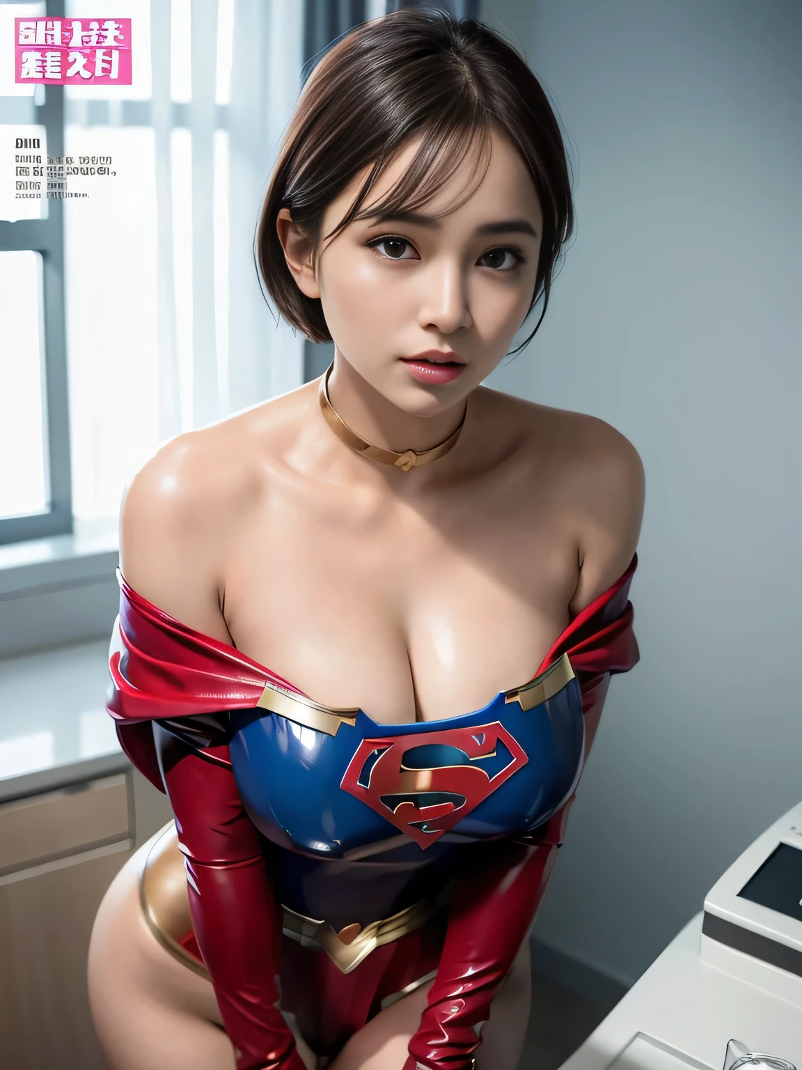 masterpiece、Supergirl Costume、Short Hair、Hospital operating table、Crisis situation、Big and ample breasts、looking at the camera、bandage、Off the shoulder、choker、Long sleeve、Red exy poses to seduce、Sweaty、Model Body Type、Alluring、charm、Enchanting、Abused、test subject、victim、Wild、Photorealistic、latex、