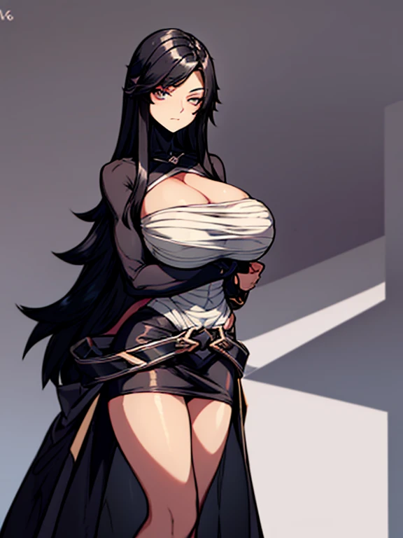 [a handsome, sexy mature woman with a seductive smile and parted lips stands against a white background, slightly dark skin, She has sharp eyelashes, eyes browns, and long black hair with bangs. His figure is voluptuous, with a narrow waist, Broad Hips, and huge breasts. The image has an impact, Genshin-inspired style, rendered in high detail and HDR quality as a stunning work of art.]