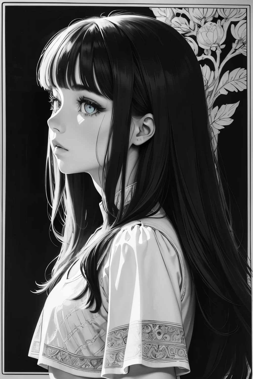Ultra-detailed, master piece, Top quality, 1 girl, Beardsley style picture, monochrome, line_art, block print, side view, crop top, long wavy hair, bangs, Very_beautiful_face, very_beautiful_eyes, even_eyes
