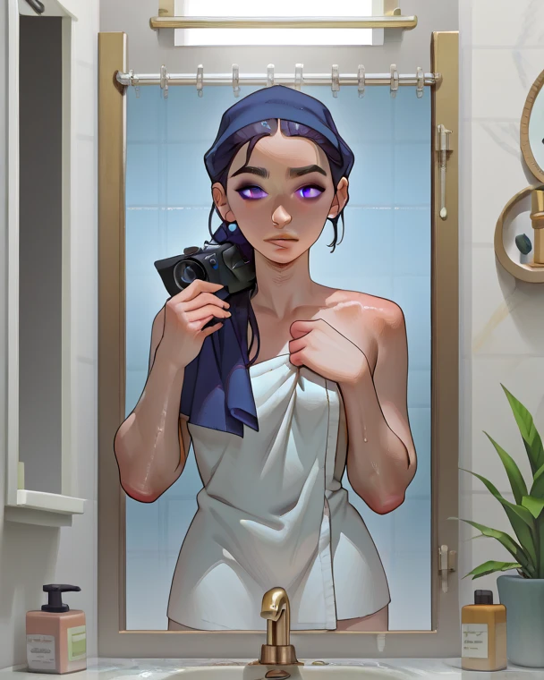 araffe in a white towel taking a selfie in a bathroom, ultra realistic picture, in bathroom, under a shower, [ 4 k digital art ]!!, artwork in the style of guweiz, ultra realistic concept art, [ 4 k photorealism ]!!, very realistic, photorealistic perfect body, [ 4 k photorealism ]!!!, in a bathroom
