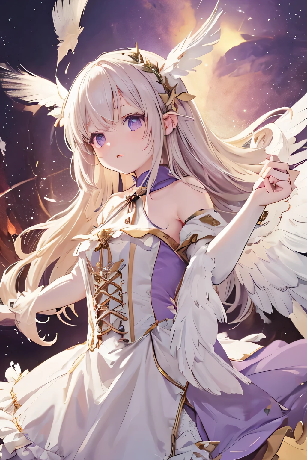 a female angel with long WHITE HAIR, albinic, and purple eyes. a long purple and gold dress, like in the Victorian era. Her expression is one of disgust and coldness, she is cold, as if she no longer has any perspective on life. long white wings on her back. small feathers above her ears, dont forget the feathers above the ears, they are important. she looks like a ager. please, focus on her face. remember she is an angel and have wings and feathers. the hair is WHITE, not blond. she is an albino. FEATHERS IN THE EARS