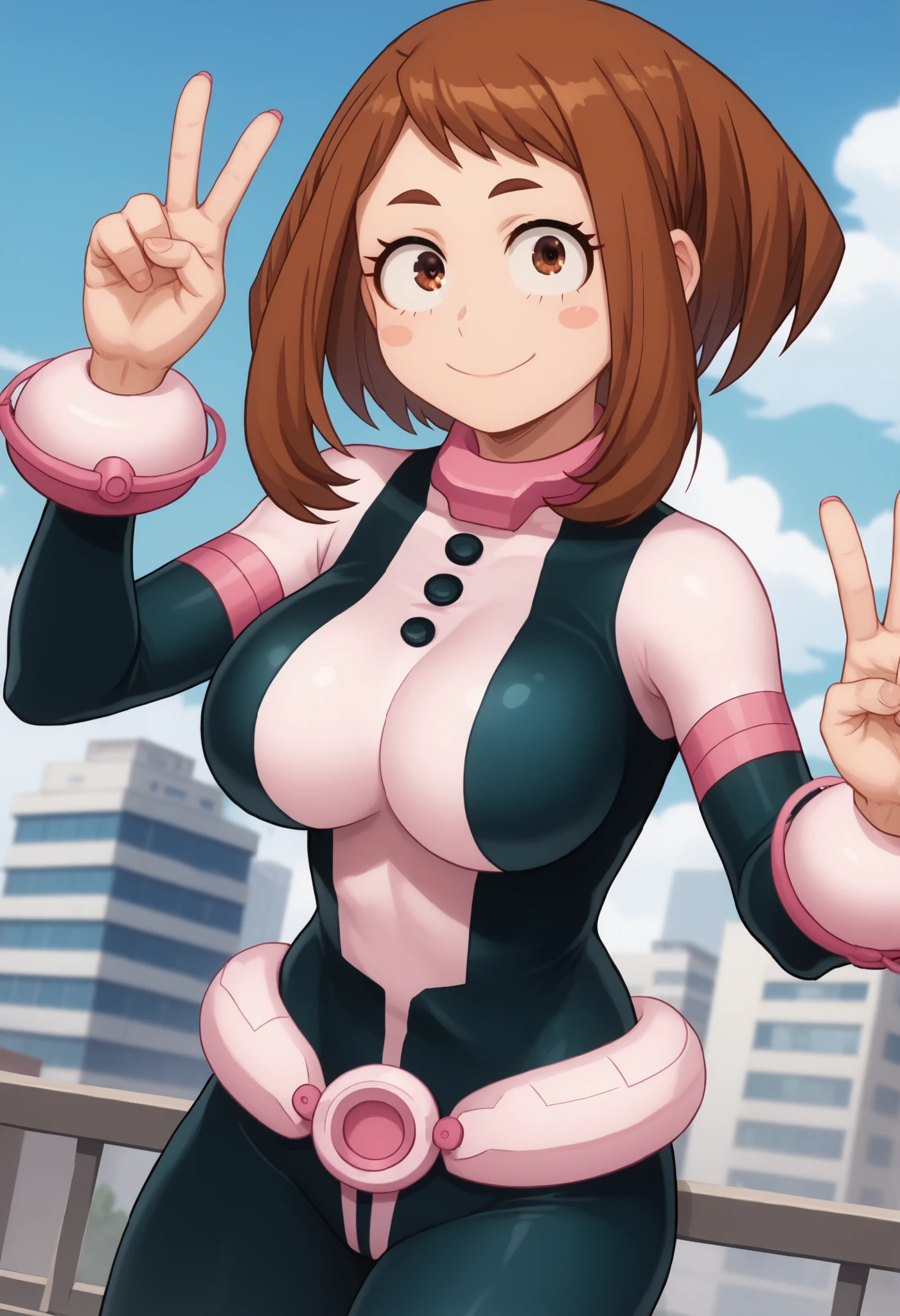 official style,anime screencap, uraraka ochako, 1girl, brown hair, brown eyes, solo, superhero, hero bodysuit, pink belt, pink wrist guards, closed mouth, contrapposto, extra large breasts, (F75), peace sign smile, blush stickers,looking at viewer, sensual style, sensual pose, Standing on the roof of a skyscraper, Sunny day,