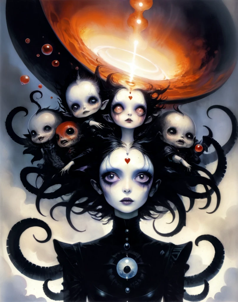 High Resolution, High Quality , Masterpiece .Hyper-realistic ink drawing with surreal colors, elements of absurdity in the style of Gerald Brom featuring post mortems aflame as a reference to tim Burton,bloodletting, broken hearts, pillls, and hemoglobin bubbles ascending into a firie sky, chiaroscuro lighting enhancing symbols of departed love, a Ufo adorned with angels emitting an air of melancholy, atmospheric mood. Macabre horror,scary stories slight details, surrealism, expressionism