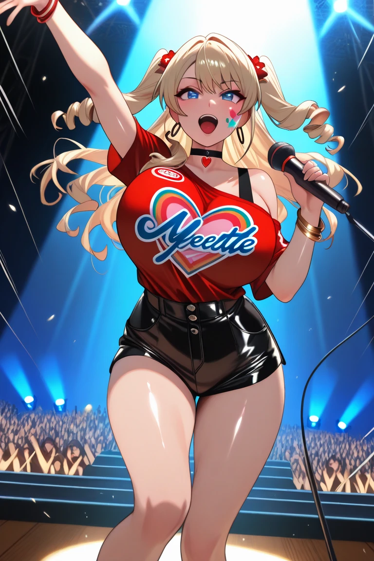 ((Masterpiece)), perfect anatomy, perfect shading, field of depth, (best quality), extremely delicate and beautiful, perfect lighting, detailed face, ultra cute face, cute, full body, (((1girl))), (((solo))),
singer idol, short hair, fluffy hair, pink hair, hair decoration, green eyes, ((blush))), shy, nervous, embarrassed, (ornate red crop top 1.2), short fluffy skirt, thigh highs, arm warmers, choker, extremely tight clothes, medium breasts, cleavage, perky breasts, (((wide hips))), ((thick thighs)), ((plump)), sweating, chubby belly, fat rolls, belly hang, she has a jiggly belly,
stage, neon lights, intricate background, detailed background, holding a mic,