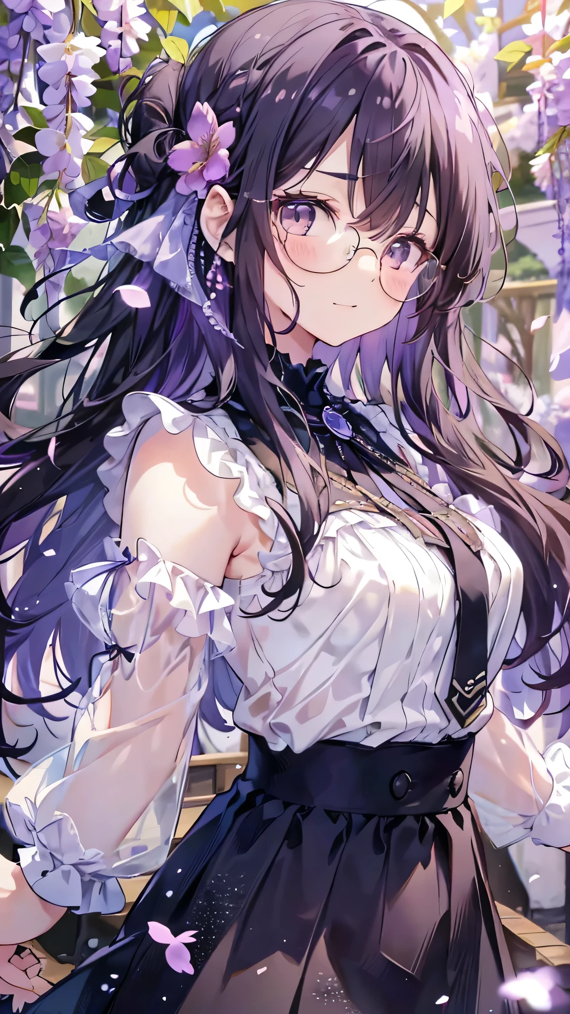 1girl, solo, young, medium long hair, breasts, black hair, blue tips, cleavage, hair between eyes, medium breasts, purple eyes, upper body, white hair, multicolored hair, outdoors, two-tone hair, cape , up , bench, cover In the forest