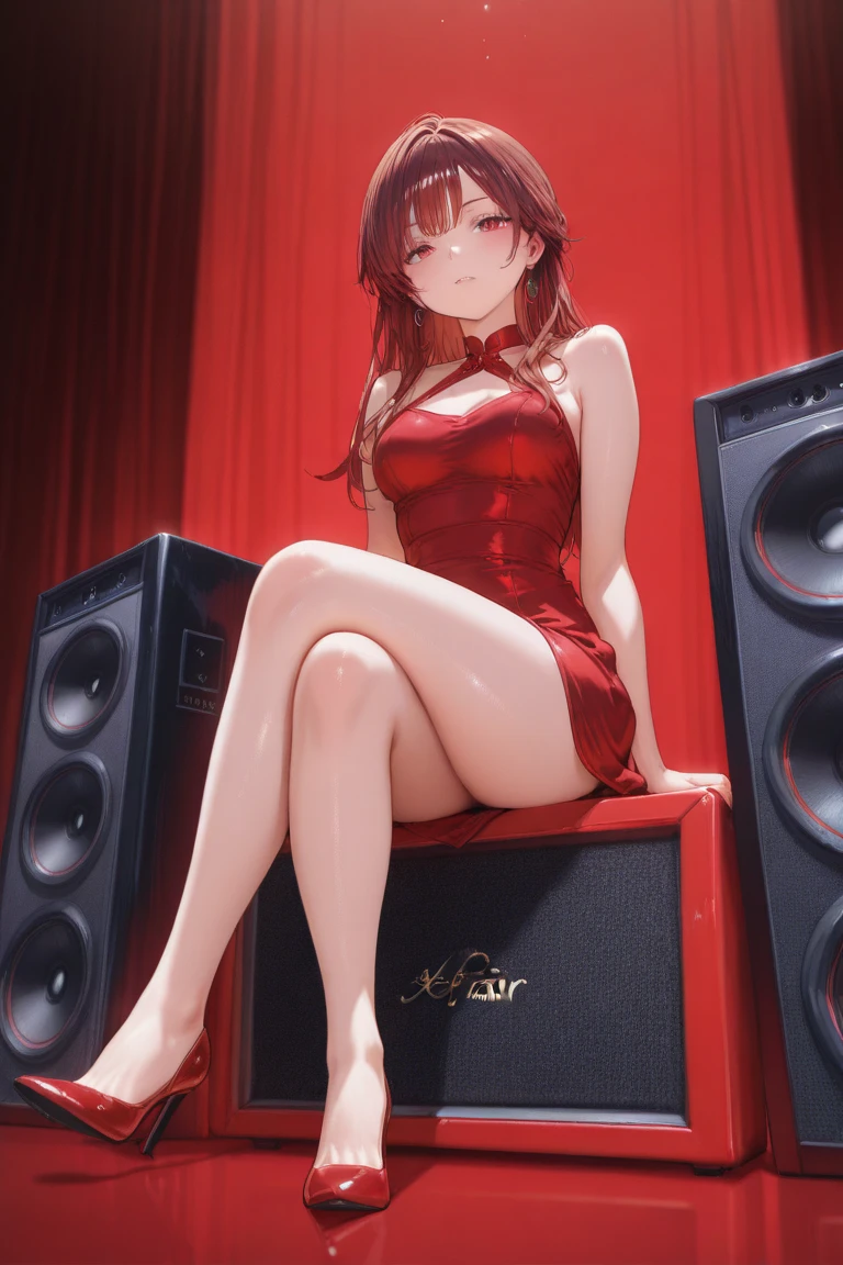 Highly detailed, High Quality, Masterpiece, beautiful, Girlfriend, <lora:FNFGirlfriend:0.9>, 1girl, solo, full body, light smile, red dress, sitting, sitting on speaker