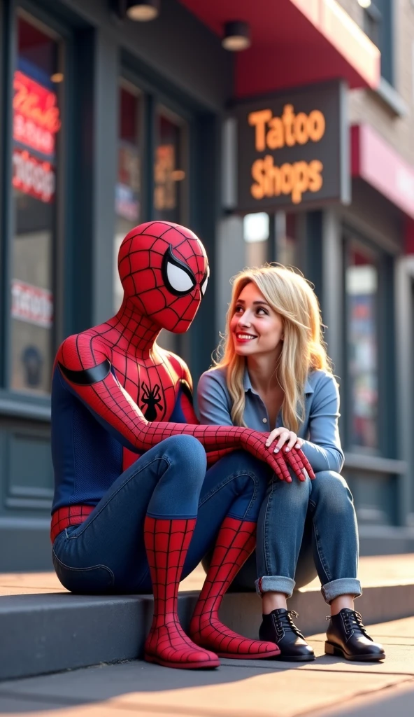 Spiderman sit next to a girl in train