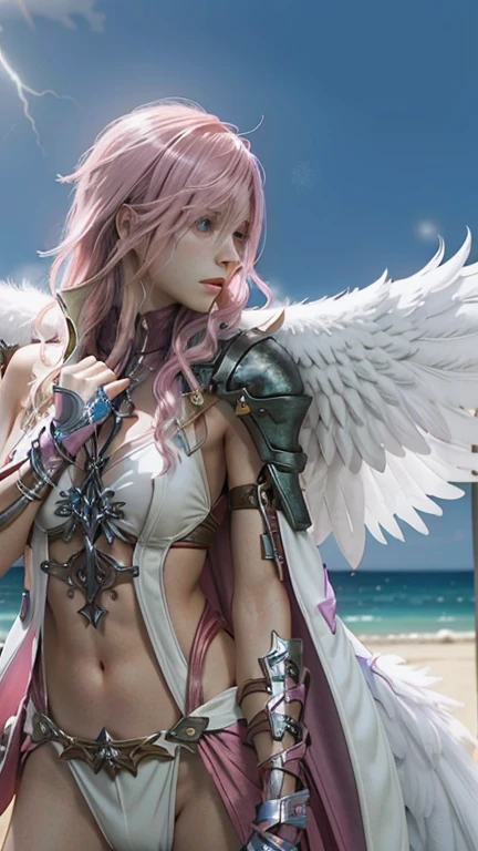 Kinnaree woman, imagining licking ice cream in a waterfall, lots of waves, in Himmapan, wearing big feather wings, with white and pink light around her body, sparkling, 64k, real person, 3D.