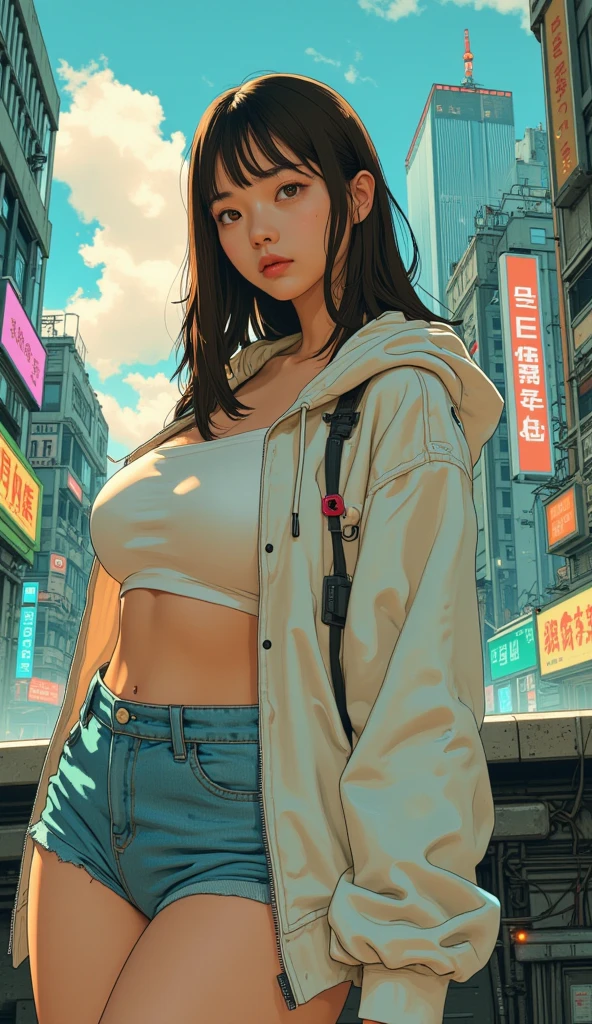((masterpiece)), (best quality), perfect anatomy, perfect face, perfect eyes, 1girl, standing, solo, after rain, japanese streets, japanese signs, neon lights, night, wearing a cool baggy jacket, cropped top white shirt, white baggy pants, black boots, cleavage, quite big breasts, long ponytail black hair, walking, thick,