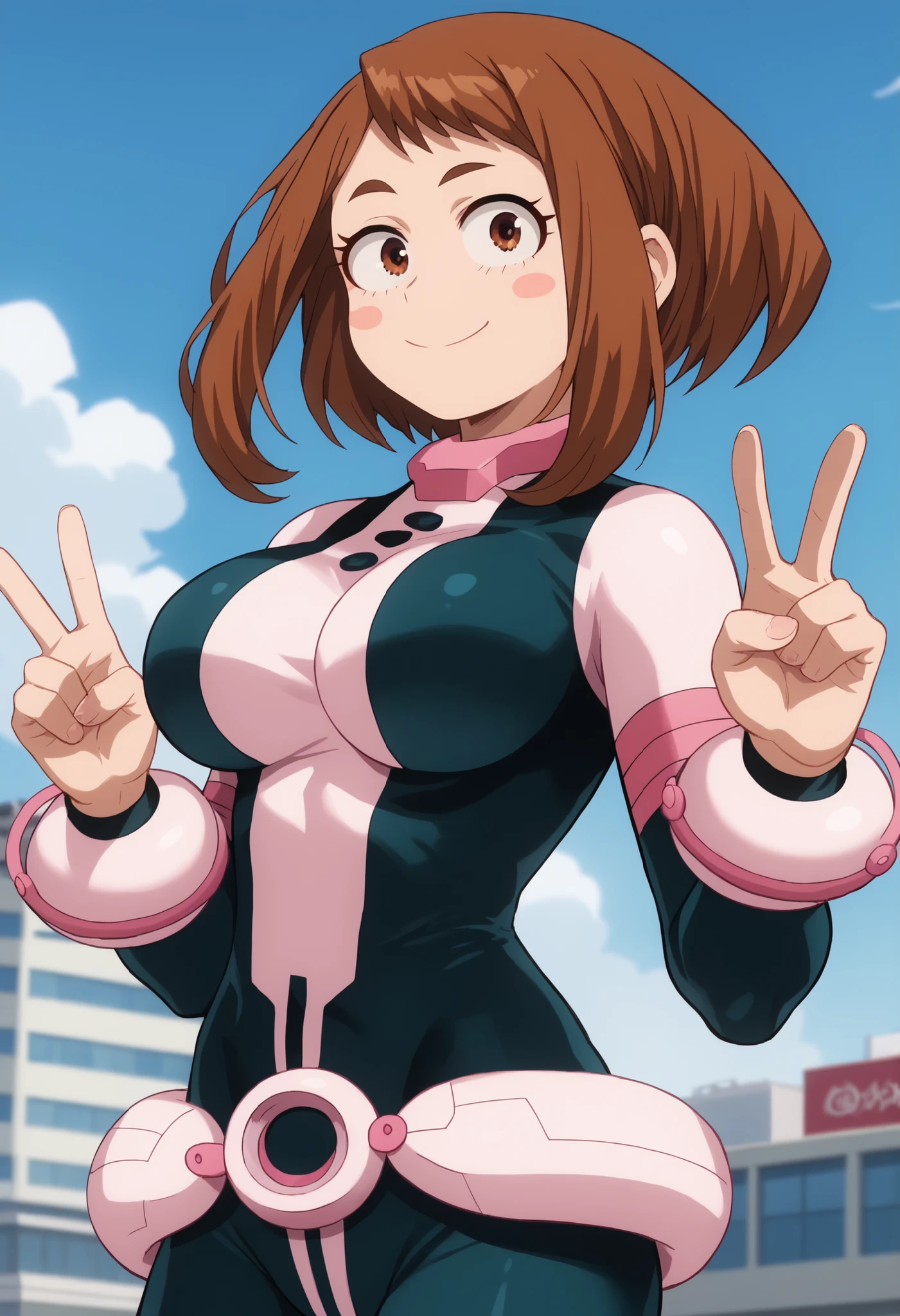 official style,anime screencap, uraraka ochako, 1girl, brown hair, brown eyes, solo, superhero, hero bodysuit, pink belt, pink wrist guards, closed mouth, contrapposto, extra large breasts, (F75), peace sign smile, blush stickers,looking at viewer, Sexy style, Sexy pose, seductive look, Standing on the roof of a skyscraper, Sunny day,