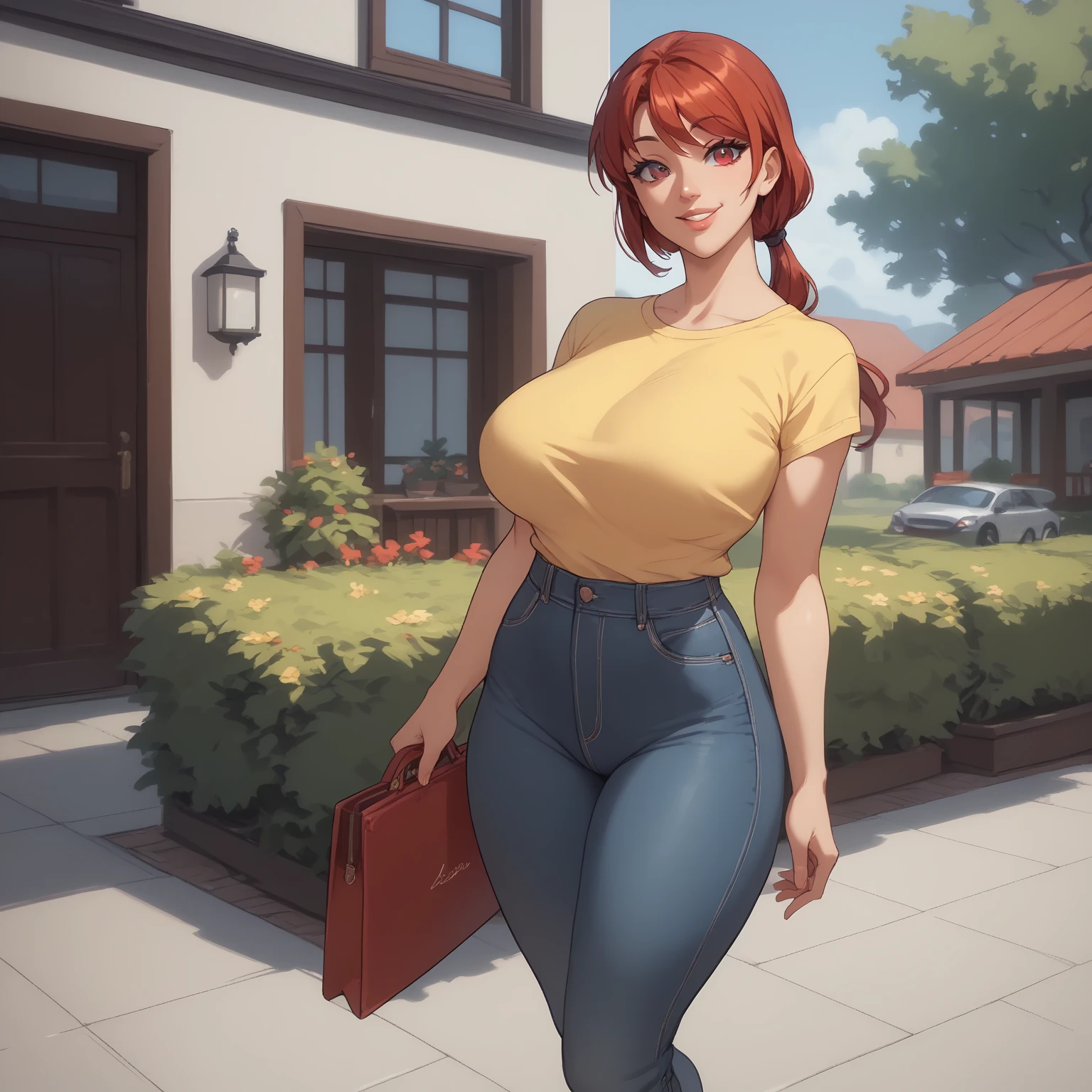  ((highres)), Masterpiece, high quality, best quality, beautiful, perfect lighting, detailed face, ultra cute face, ((1girl)), ((solo), short red hair, fluffy hair, blue eyes, freckles, (blush), affectionate smile, looking at viewer, hand on hip, arm at side, farm, daytime, flannel shirt, jeans, boots, (large breasts), perky breasts, wide hips, thick thighs, 