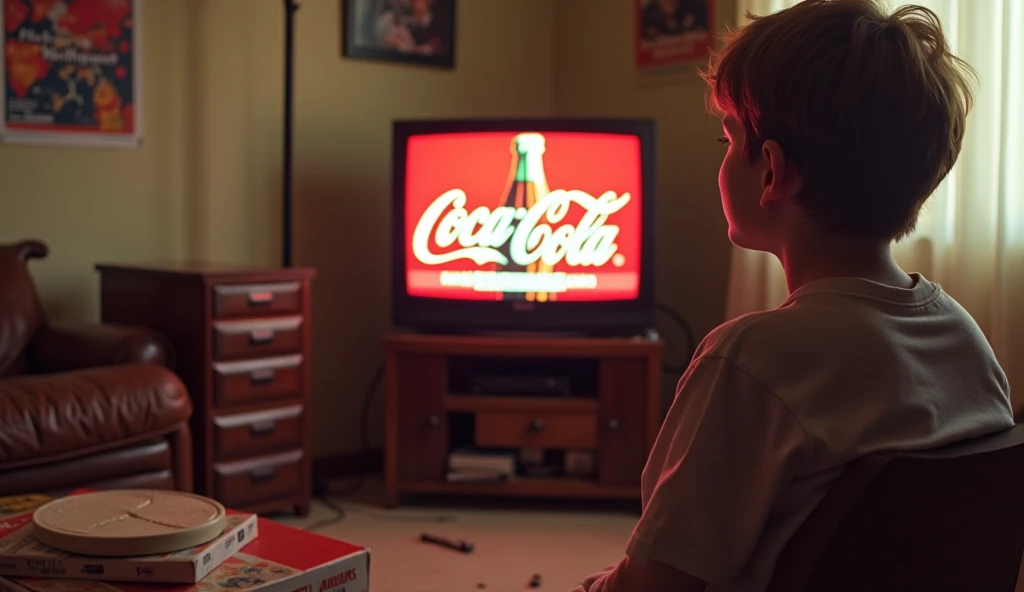 Create a nostalgic collage-style image representing childhood memories from the past. The image should include several scenes:

A young boy or girl eating a bologna sandwich and drinking Pepsi from a can.
A retro TV set with rabbit-ear antennas displaying one of three available channels