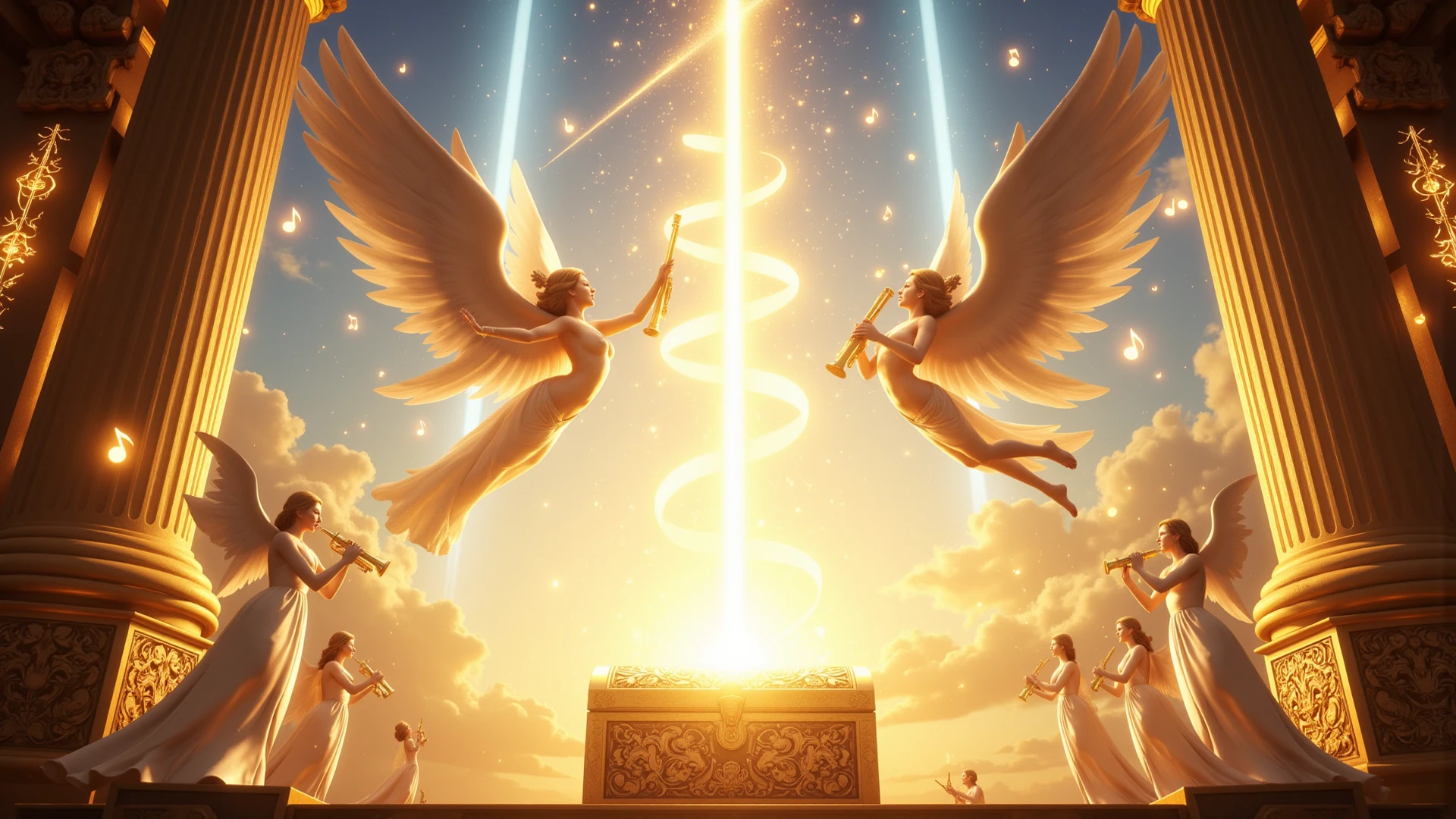 a WIDE ANGLE PHOTO celestial realm ((three majestic and powerful male angels soar gracefully on huge wings)), their divine presence illuminated by celestial light. (((Each angel wields a magnificent trumpet))), poised to deliver a resounding call. Their awe-inspiring wingspan spans across the heavens, exuding an aura of strength and authority. As they fly in perfect harmony, their ethereal beauty captivates all who behold them. The image should evoke a sense of grandeur and reverence, portraying the might and majesty of these celestial beings.