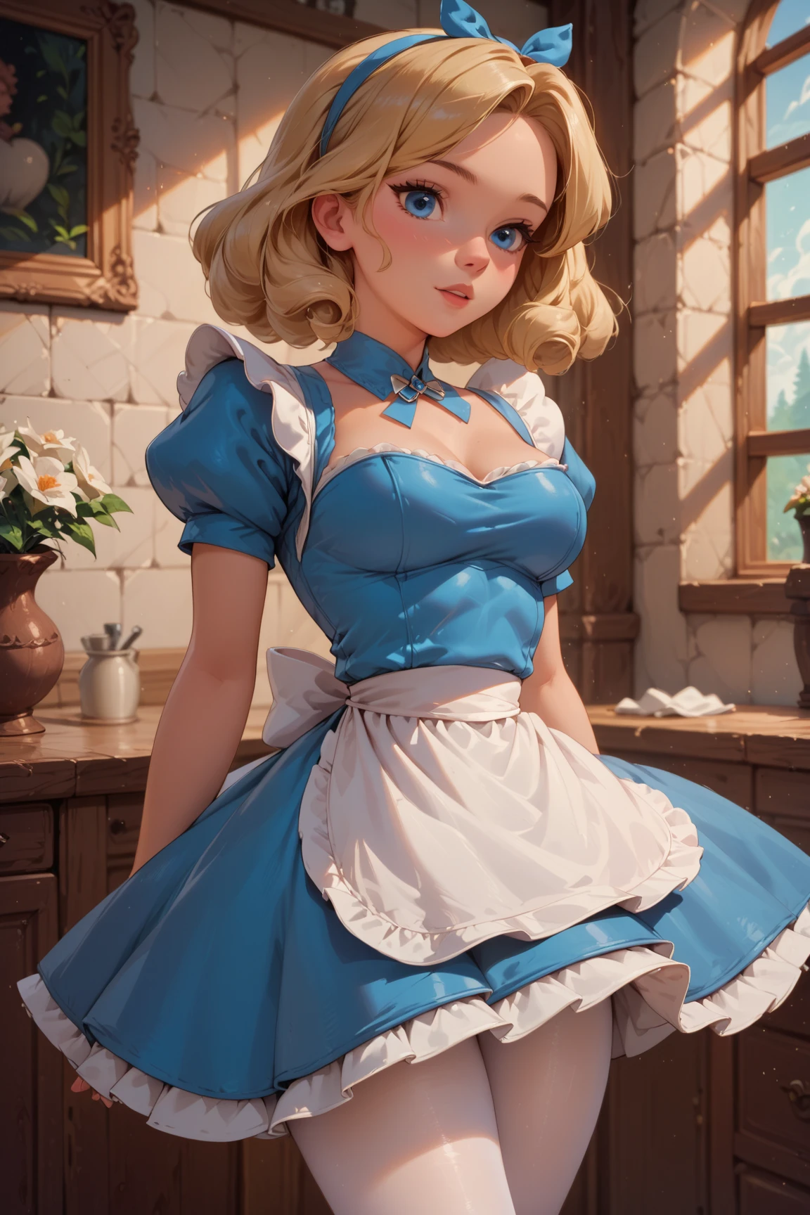 1 girl, Princess Zelda, blonde hair, short hair, blue eyes, soft, soft light, delicate, frills, small breasts, nipples, frilly, happy, choker with a bow, ruffles, blue and white babydoll, teasing, vagina, no panties, spread legs, thighhighs