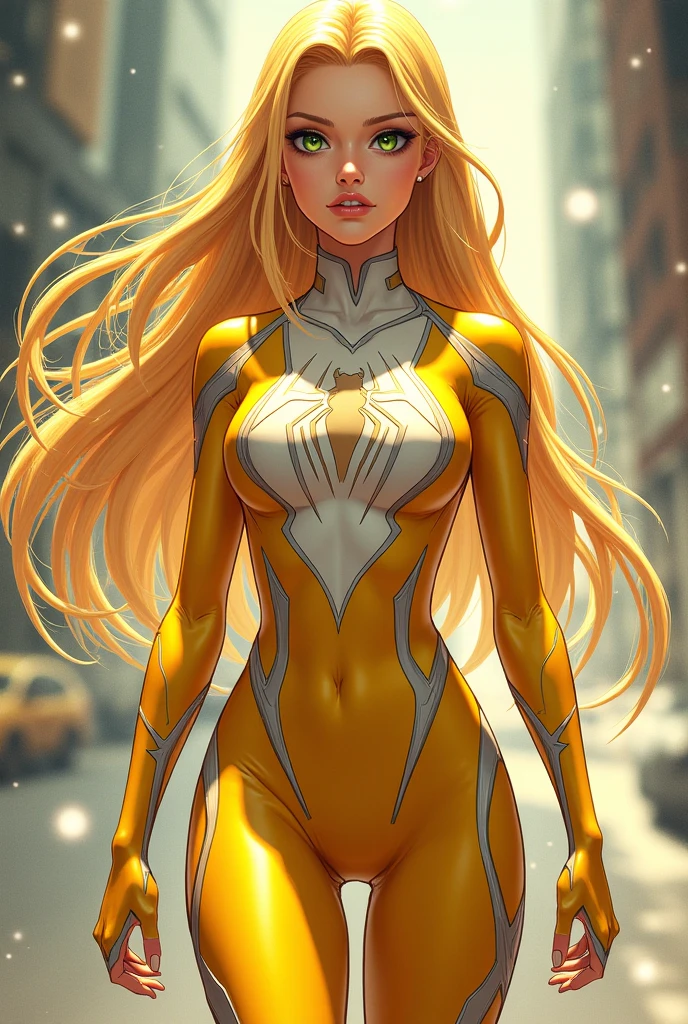 (best quality,8k:1.2,high resolution:1.2),ultra-detalhado,Realistic,retro science female,static pose,long hair,rosto extremamente detalhados,long eyelashes,ligh yellow porcelain catsuit,light beige pantyhose,gloves,light beige Glossy metalic accessories,Physically-based rendering,foco nítido,studio lighting
