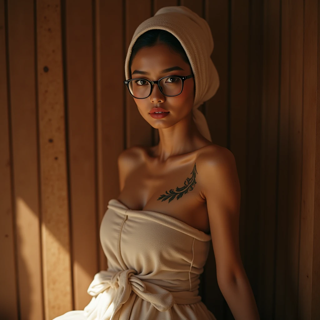 ((best quality)), ((masterpiece)), (detailed), perfect face, a hijab girl, cute girl, no hair, bra clothes, all body parts covered except hands and face, round eye, glasses, decoration on head, 21 year old, cute face, eyes on camera, in room, sexy clothes