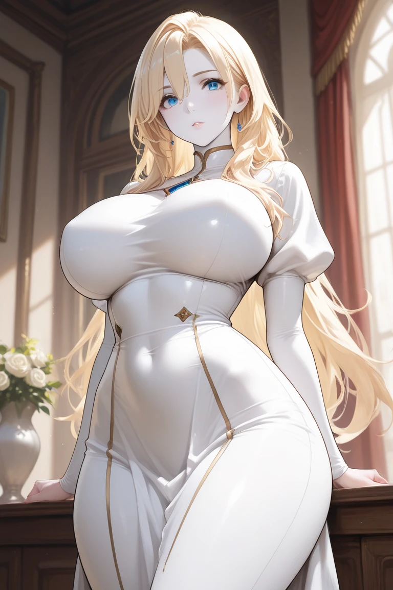 (best quality:1.5, highres, UHD, 4K, detailed lighting, shaders), blonde straight hair, large breasts, (white princess dress, white tiara), cleavage, thighs, skirt, standing, (pov), night background, (glowing red eyes, evil face)