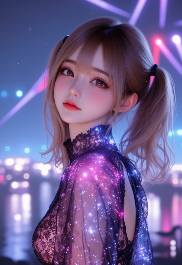 Photorealistic,best quality, highres, ultra-detailed, BREAK,hologram concert, virtual singer girl, ((Whole body translucent)),upper body only, waist-up projection,futuristic stage setup, neon lights, digital particles floating, Headset Microphonses, (very cute pose:1.5),(korean idol pose:1.5),dynamic pose,(very cute big smile),looking away, vibrant lighting effects, audience lights in background, immersive virtual atmosphere, sci-fi concert hall, BREAK,physically-based rendering, extreme detail description, professional,