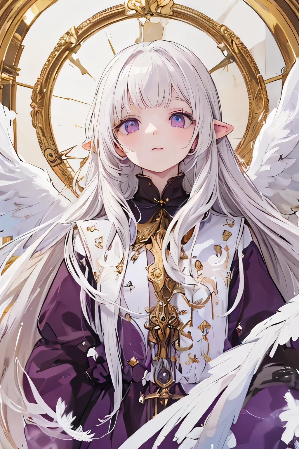 a female angel with long WHITE HAIR, albinic, and purple eyes. a long purple and gold dress, like in the Victorian era. Her expression is one of disgust and coldness, she is cold, as if she no longer has any perspective on life. long white wings on her back. small feathers above her ears, dont forget the feathers above the ears, they are important. she looks like a ager. please, focus on her face. remember she is an angel and have wings and feathers. the hair is WHITE, not blond. she is an albino. FEATHERS IN THE EARS