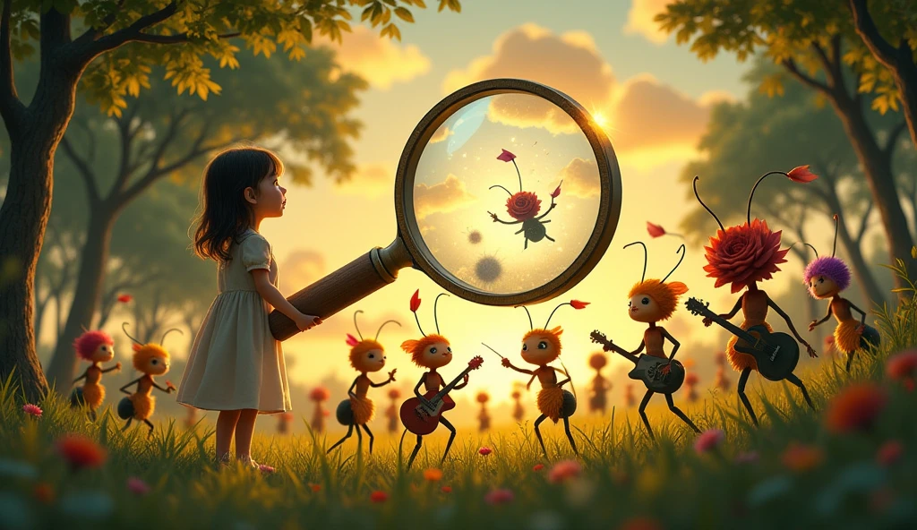 Illustration-like, calm afternoon grassland, soft light, ① [Placed in the upper left or either side] A young girl looking sideways into a magnifying glass the size of which she can hold in her hand, innocent expression, wearing a one-piece dress, gently flowing hair, holding the magnifying glass firmly in her small hand, soft presence surrounded by natural light, the real world is expressed with a slightly pale color and blurring effect, ② [Near the center] A large magnifying glass floats in space in addition to the girl's small magnifying glass, overlapping with reality like a projector, the frame is vintage-style, with a lens frame decorated with fine details, the magnifying glass emits a magical glow and acts as a gate connecting fantasy and reality, has the effect of slightly distorting the surroundings, ③ [The world reflected in the magnifying glass] A fantastically deformed world is vividly depicted, ・Deformed ant audience: They are depicted vividly, waving flags and penlights lively, putting their arms around each other's shoulders, and even crying, Brown and black base with small red and yellow accents, and support with empty cans and leaves, Flower fairy band performance: - Himawari (vocals & guitar): bright petal hair, ivy guitar - Rose (guitar): crimson petal hair, thorny electric guitar - Sumire (bass): small purple spirit, leaf bass - Anemone (drums): colorful petal hair, petal drum set Colorful and unique costumes and expressive performance scenes, Entire stage and background: outdoor stage in the corner of the forest, tree stump speaker, ivy lighting, large leaf banner, The background is a silhouette of a forest against a sunset sky, A dramatic contrast between the real world and the fantasy world through a magnifying glass, A low camera angle shows the girl and the image inside the magnifying glass, Emphasizing the contrast between the soft real world and the colorful fantasy world, High-definition depiction, carefully expressing subtle expressions a