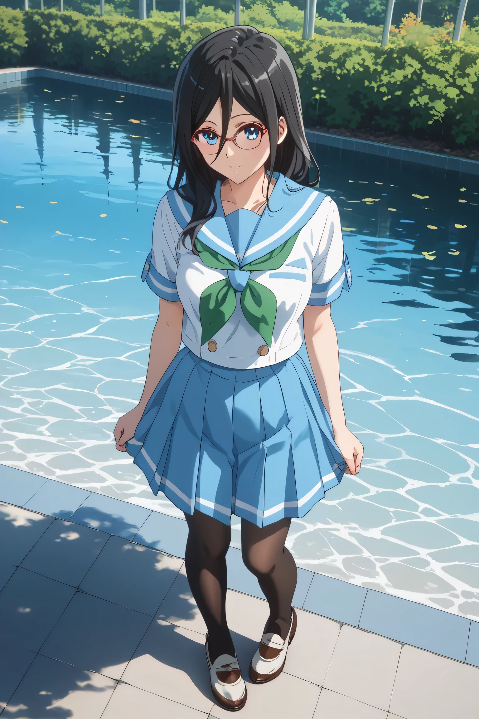 ((inspired by Asuka Tanaka:1.2)),(inspired by Kyoto Animation Style),(masterpiece, best quality),beautiful, beautiful-woman, ((detailed face)).(full body:1.3).,
((black hair)), glasses, blue eyes, long hair, over-rim eye-wear,cowboy shot, semi-rimless eye-wear, between eyes .(red-framed glasses:1.2),
The woman is wearing school uniform and black pantyhose,she is wearing a light-blue sailor-school-uniform with a green neckerchief and a light-blue skirt, sailor collar,half sleeves,brown loafers..
1-woman,