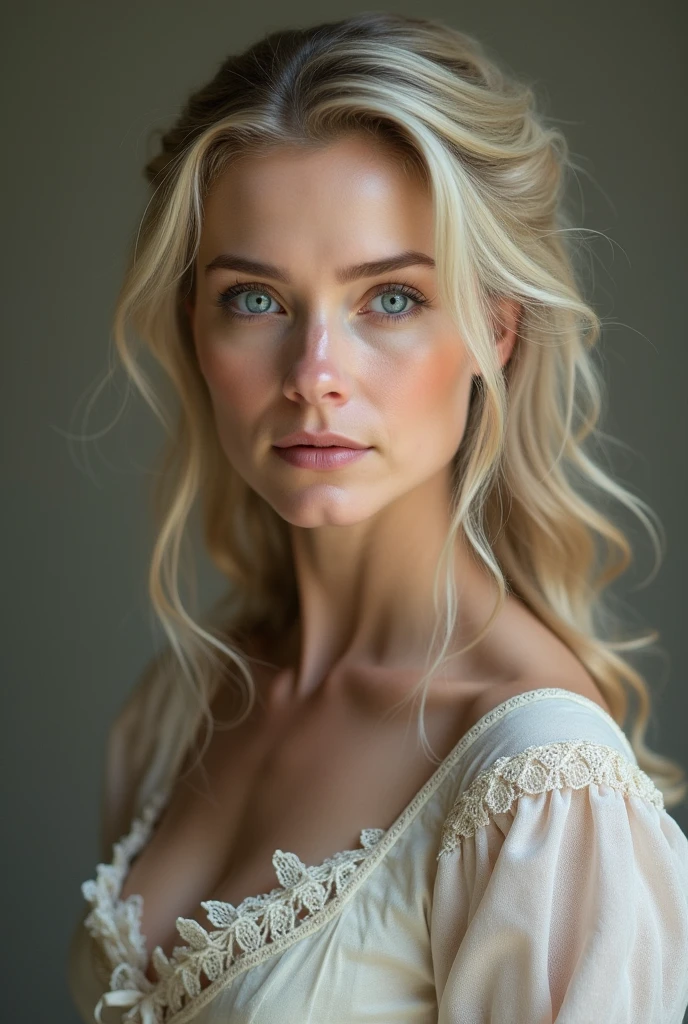 a 23-year-old women with light blond hair and blue eyes (although some see your eyes as blue, oder grau)., You're tall and skinny, but you have a beautiful figure. Her breasts are medium. Her gamers, wearing pink and black, cleavage visible, braided hairs, turning towards camera,
